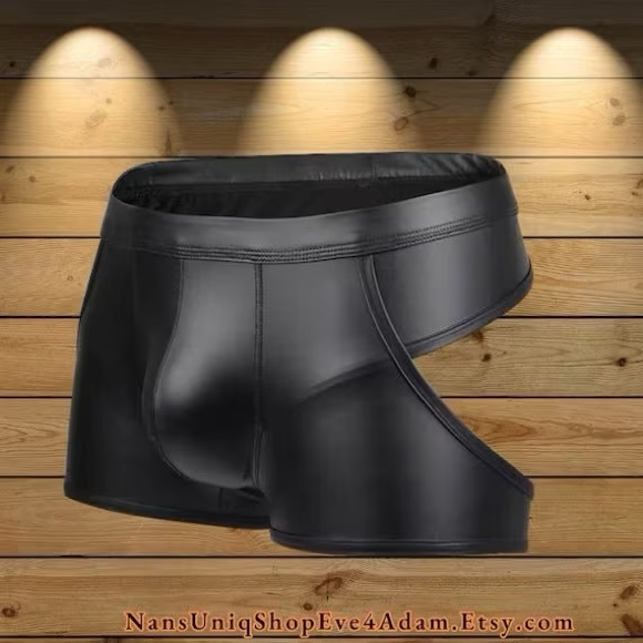 Mens Open Back Boxers Male Underwear Faux Leather Open Back - Picture 5 of 6